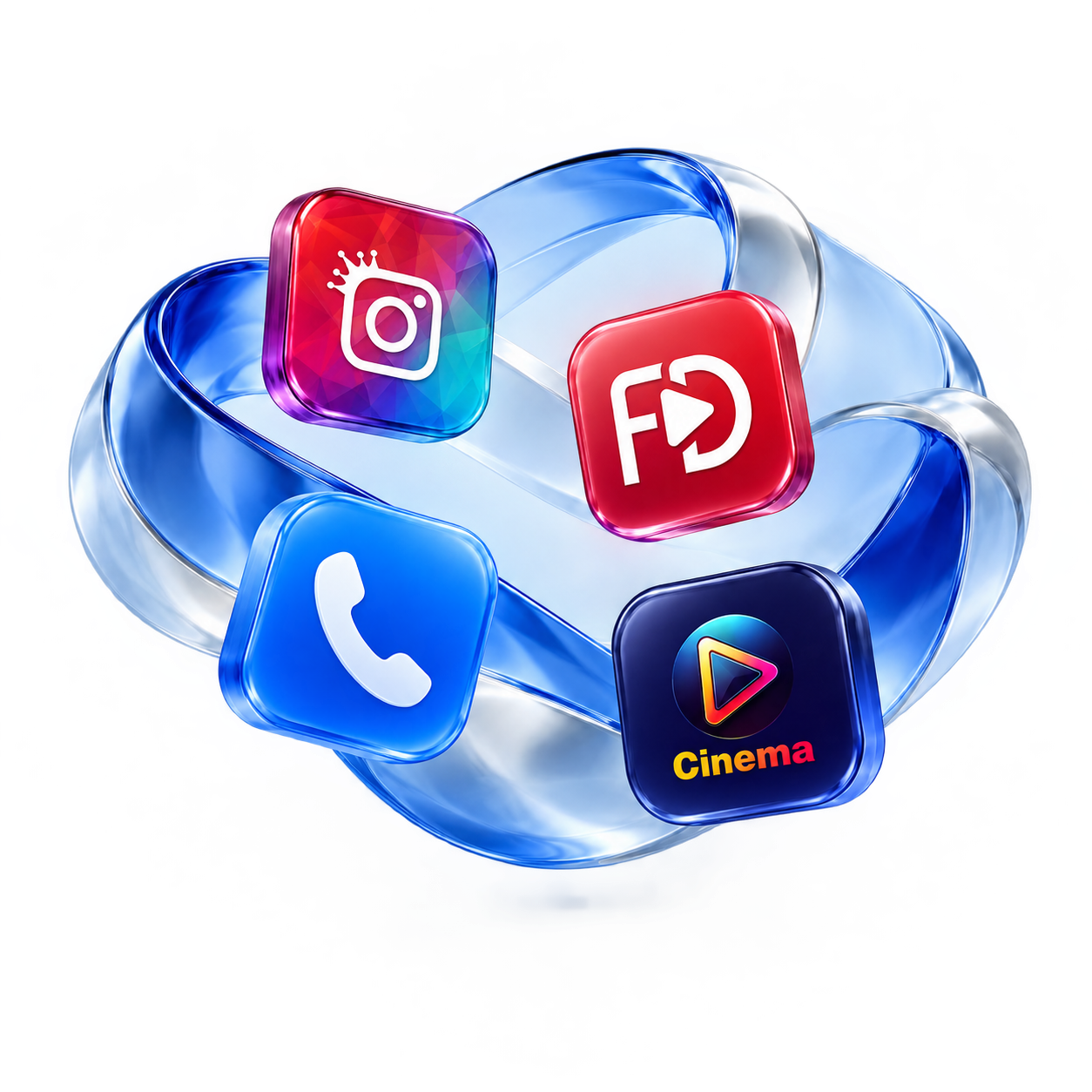 FD InstaPro, FD YouTube Pro, Truecaller FD Gold and Cinema VIP icons arranged around a sculptural blue glass ribbon