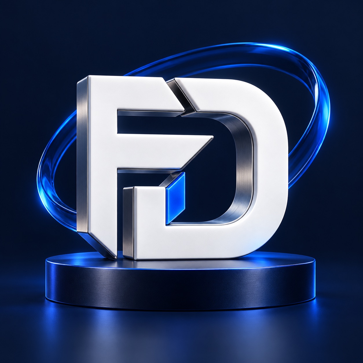 Sculptural silver FD monogram on a navy podium with a blue glass orbit